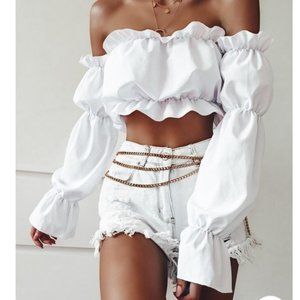 White,Off Shoulder Boho Style, Ruffle Crop Top - NWOT"